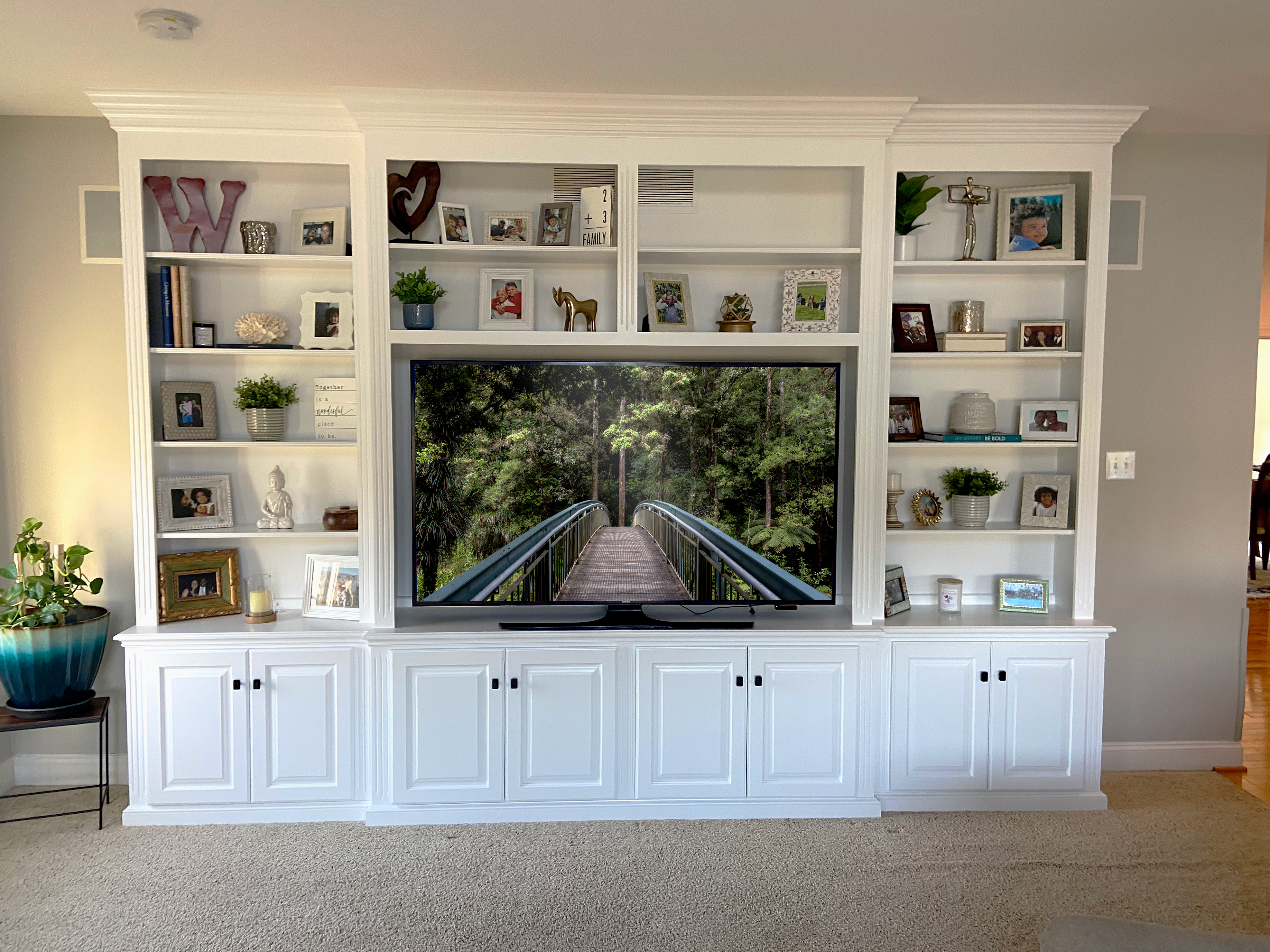tv wall painted cabinets